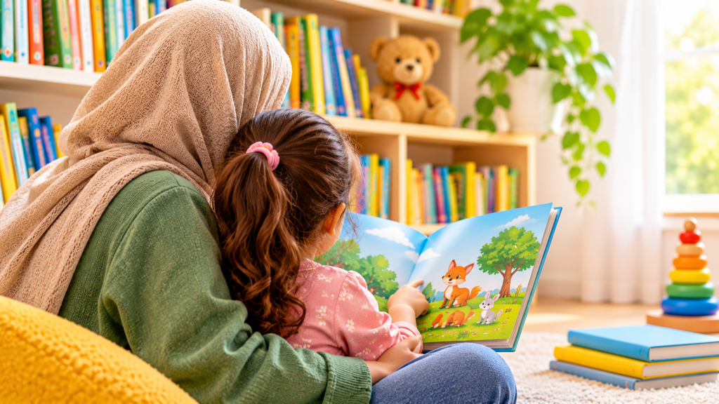مادری با روسری که کنار دخترش نشسته و با هم به تصاویر یک کتاب کودک نگاه میکنند