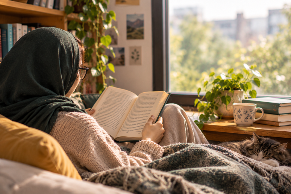 زنی با روسری سبز که روی مبل کنار پنجره کتاب میخواند و گربهای کنارش خوابیده است
