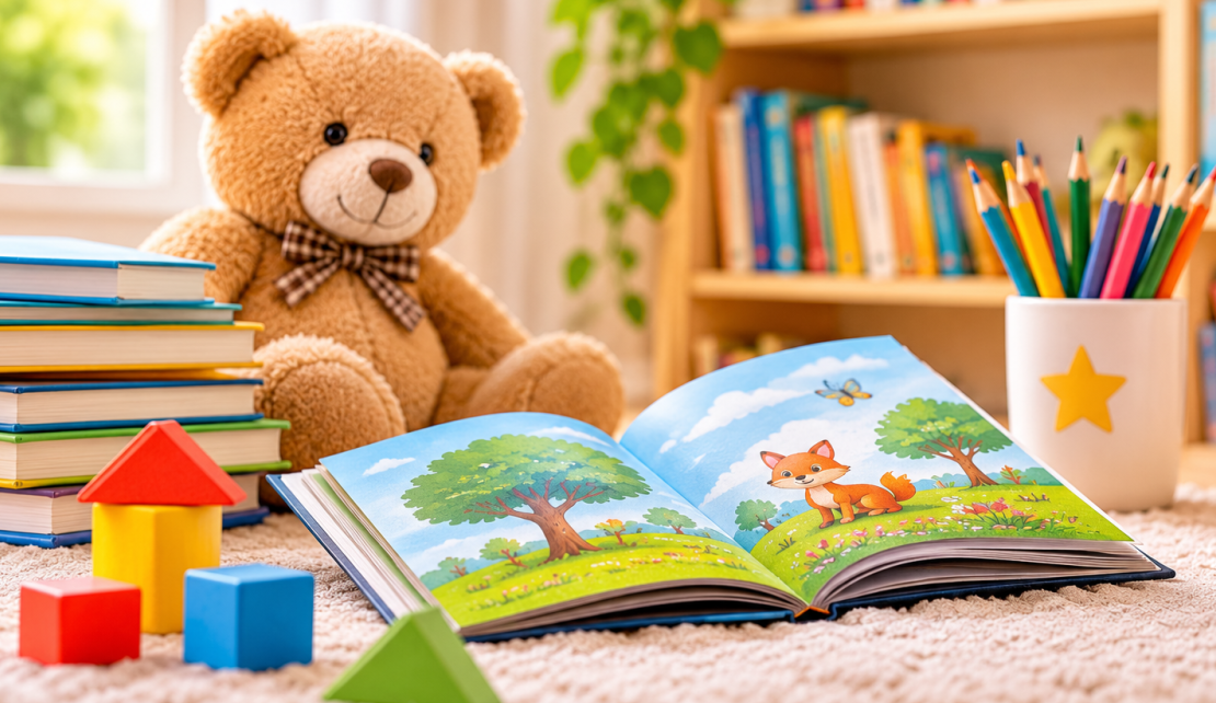 کتاب تصویری باز روی فرش کنار خرس عروسکی، پشتهای از کتاب و مدادرنگی در اتاق کودک