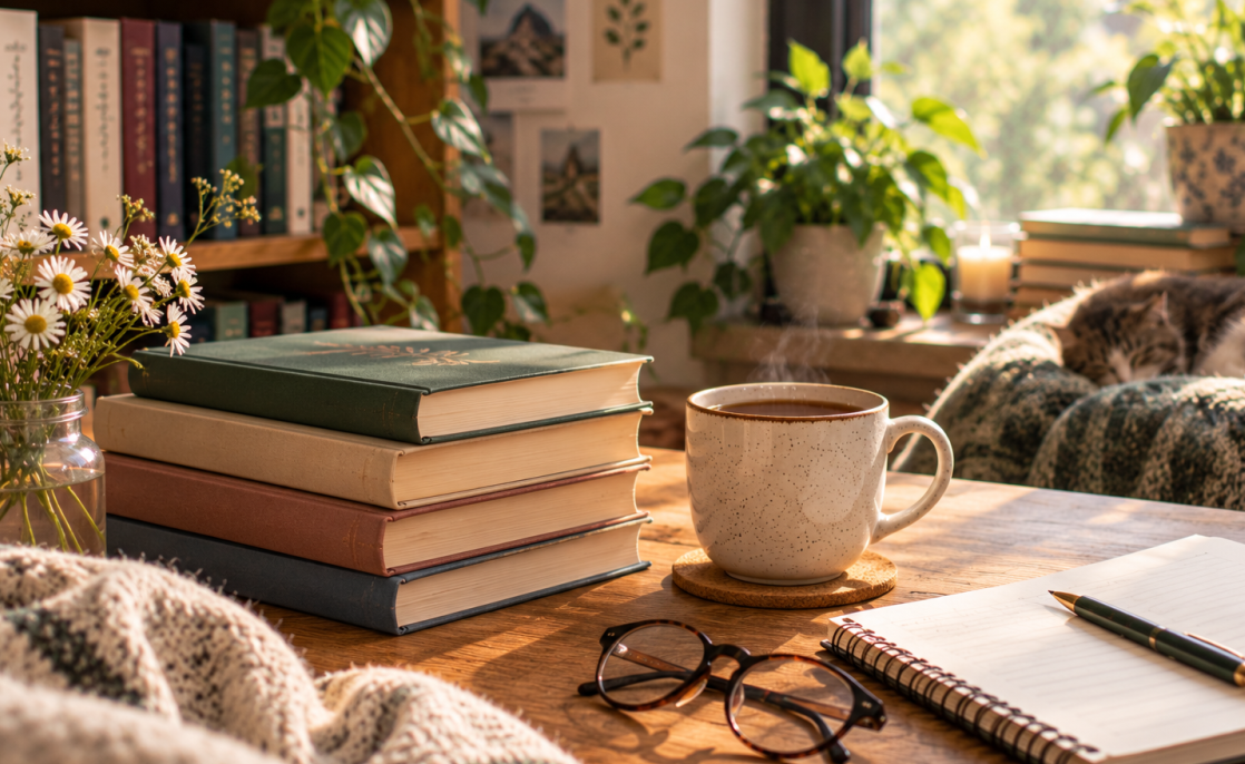 پشته‌ای از کتاب، فنجان چای، عینک و دفترچه‌ی یادداشت روی میز چوبی کنار پنجره